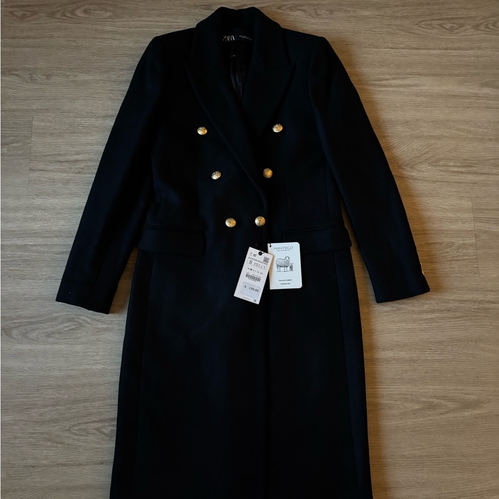 NWT Zara Double Breasted Wool Coat Black Size Small - Picture 4 of 9